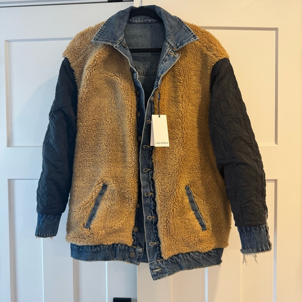 NWT Retrofete Cindy Reversible Denim Faux Shearling Fur Jacket, Size XS - Picture 6 of 16